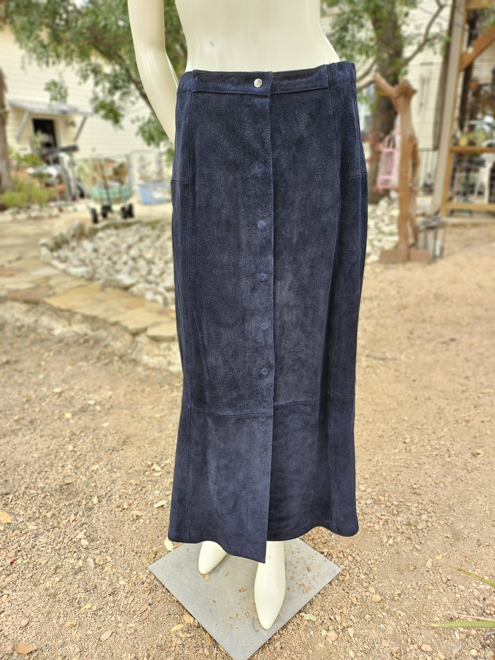 Vintage Sheplers Black Sueded Boar Leather Western Maxi Skirt Button-Front 14